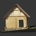Wooden House With Brown Tile Roof Yellow Walls Stone Foundation And Green Grass