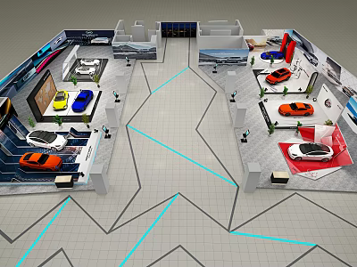 Car Showroom Featuring Various Colored Cars And Geometric Floor Design Display Areas 3d model