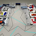 Car Showroom Featuring Various Colored Cars And Geometric Floor Design Display Areas