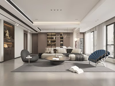 Modern Living And Dining Room Interior Design With Sofa Coffee Table Rug And Bookshelf 3d model