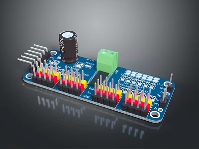 Blue Electronic Circuit Board With Black Capacitor Green Connector And Colored Pins 3d model