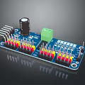 Blue Electronic Circuit Board With Black Capacitor Green Connector And Colored Pins