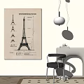 Vintage Eiffel Tower Blueprint Poster in Minimalist Interior with Pendant Light Chair and Wooden Shelf