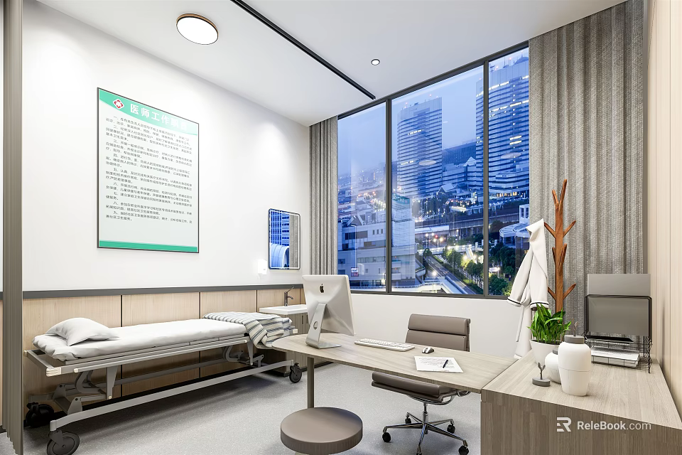 Modern Hospital Ward Interior With Bed Desk Large Window City View And Green Plant 3d model 
