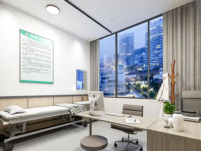 Modern Hospital Ward Interior With Bed Desk Large Window City View And Green Plant 3d model