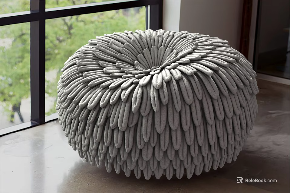 Gray Round Petal Textured Bean Bag Chair In Indoor Space By Window 3d model 
