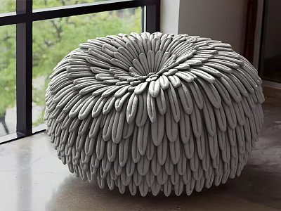 Gray Round Petal Textured Bean Bag Chair In Indoor Space By Window 3d model