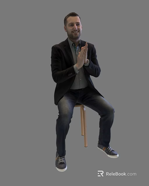 A Man Wearing Black Blazer Light Gray Shirt Sitting On Wooden Stool With Clasped Hands 3d model 