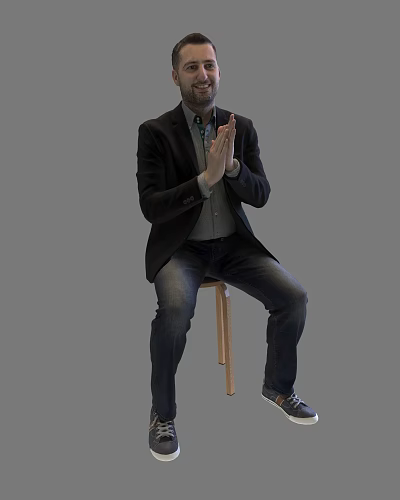 A Man Wearing Black Blazer Light Gray Shirt Sitting On Wooden Stool With Clasped Hands 3d model