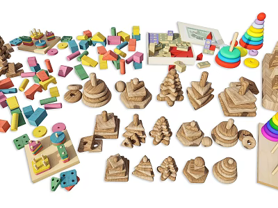 Colorful Wooden Building Blocks With Various Shapes Animal Figures Number Shapes And Stackable Designs 3d model
