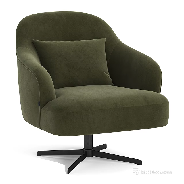 Stylish Olive Green Single Seater Sofa With Velvet Upholstery And Black Metal Swivel Base 3d model 