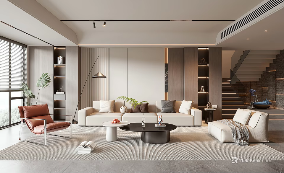 Modern Living Room Interior Design With Beige Sofa Coffee Table And Brown Armchair 3d model 