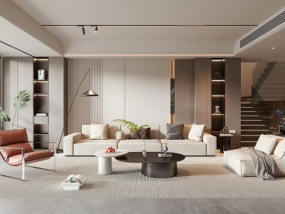 Modern Living Room Interior Design With Beige Sofa Coffee Table And Brown Armchair 3d model