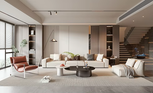 Modern Living Room Sofa Coffee Table Ornaments Wall Decorations Hanging Paintings Potted Chandelier Floor Lamp Carpet Doll Books 3d model
