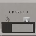 Modern Reception Desk With CBAMFCD Logo on Wall Computer on Counter and Potted Plants 3d model