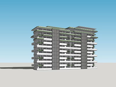 Modern Multi Storey Apartment Building With Gray White Exterior Balconies And Green Roof Design 3d model