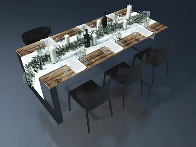 Elegant Dining Table Setting With Black Chairs Candles And Greenery Decorations 3d model