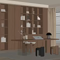 Modern Study Room With Wooden Bookshelves Books Decor Desk Laptop and Stools Near Window Blinds