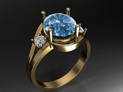 Elegant Gold Ring With Sparkling Blue Center Gemstone And Small Diamonds 3d model