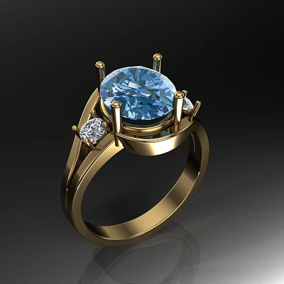Elegant Gold Ring With Sparkling Blue Center Gemstone And Small Diamonds 3d model