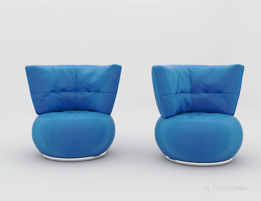 Two Blue Single Sofas Modern Unique Shape Upholstered with Silver Metal Base 3d model