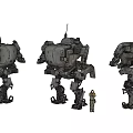 Mechanical Robot Characters From Game Movie Displayed In Three Angles With Small Human