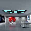 Modern HUAWEI Technology Exhibition Hall With Digital Display Screens Exhibition Counters And Ceiling Lights