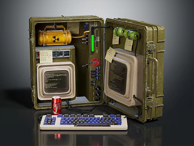 Vintage Electronic Device In Green Metal Case With Dual Screens Control Buttons And External Keyboard 3d model