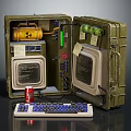 Vintage Electronic Device In Green Metal Case With Dual Screens Control Buttons And External Keyboard
