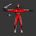 Red Robot Character In Armor Helmet With Blue Eyes Holding Sword And Small Aircraft