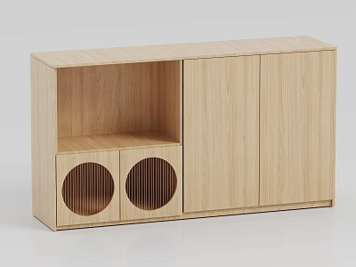 Wooden File Cabinet With Open Shelf Circular Grille Doors And Storage Compartments 3d model