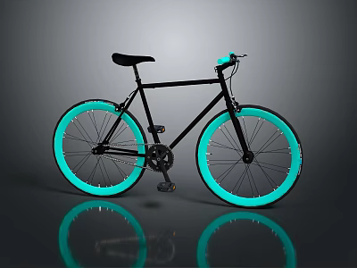 Modern Black Bicycle With Glowing Turquoise Wheels And Surface Reflection 3d model