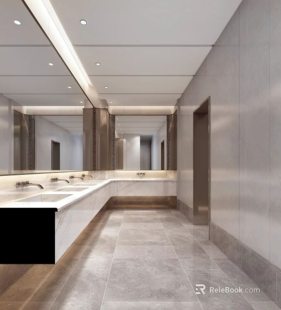 Modern Spacious Public Toilet Interior Design With Marble Sinks And Large Mirrors 3d model 