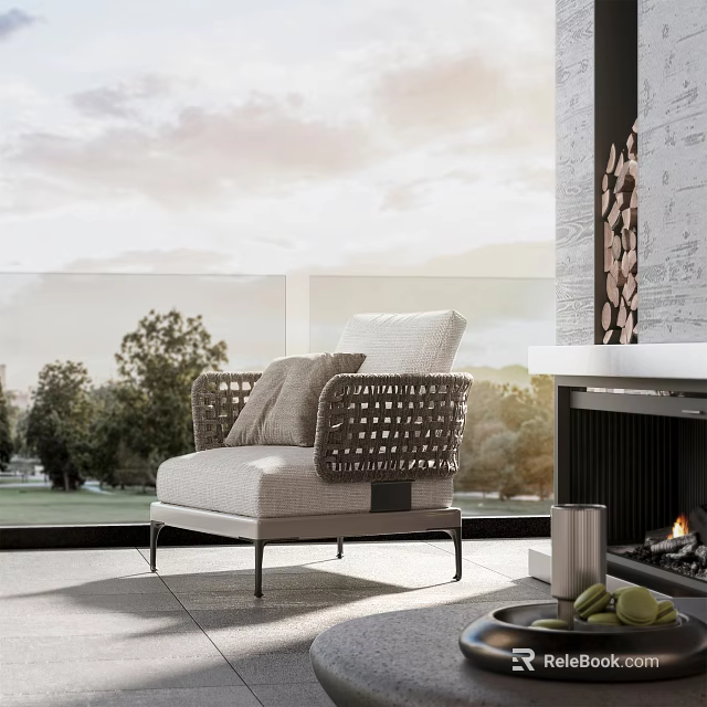Modern Light Cushioned Single-Seater Sofa With Woven Armrests Near Fireplace And Trees 3d model 