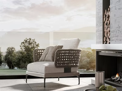Modern Light Cushioned Single-Seater Sofa With Woven Armrests Near Fireplace And Trees 3d model