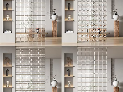 Modern Home Interior Partition Design With Glass Brick And Decorative Shelves 3d model