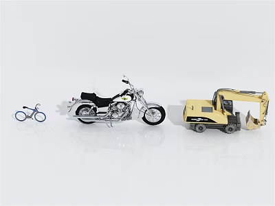 Toy Yellow Excavator Utility Vehicle With Black Motorcycle And Blue Bicycle 3d model Toy Yellow Excavator Utility Vehicle With Black Motorcycle And Blue Bicycle 3d model