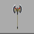 Decorative Double Bladed Battle Axe With Metallic Blades Gold Red Accents And Ornate Black Handle