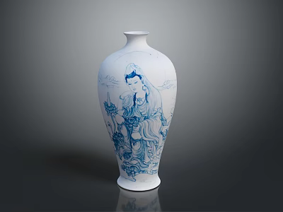 White Ceramic Vase Featuring Blue Classical Figure And Floral Design Elements 3d model