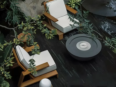 Cozy Outdoor Relaxation Space With Wooden Chairs White Cushions Round Gray Table And Green Foliage 3d model