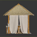 Thatch Roof Pavilion With Wooden Table Chairs And White Curtains