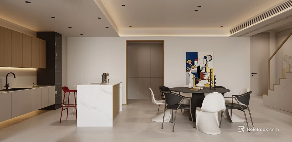 Modern Dining and Living Room Interior With Marble Bar Counter And Decorative Painting 3d model 