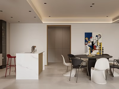 Modern Dining and Living Room Interior With Marble Bar Counter And Decorative Painting 3d model