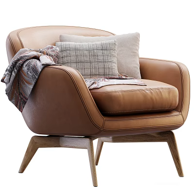 Brown Leather Single Sofa With Checkered Pillows Cozy Throw And Wooden Legs 3d model