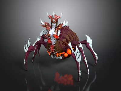 Mythical Spider With Red Purple Exoskeleton Spiked Legs Crown Like Horns And Orange Abdominal Spots 3d model