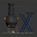 Black Stove With Green Plaid Mat Brown Gloves Blue Table White Plate And Red Food