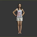 Woman in Striped Tank Top and Shorts Standing with Hands on Hips Against Gray Background