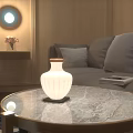 White Elegant Decorative Lamp On Marble Coffee Table In Modern Living Room With Gray Sofa