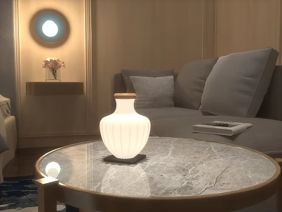 White Elegant Decorative Lamp On Marble Coffee Table In Modern Living Room With Gray Sofa 3d model