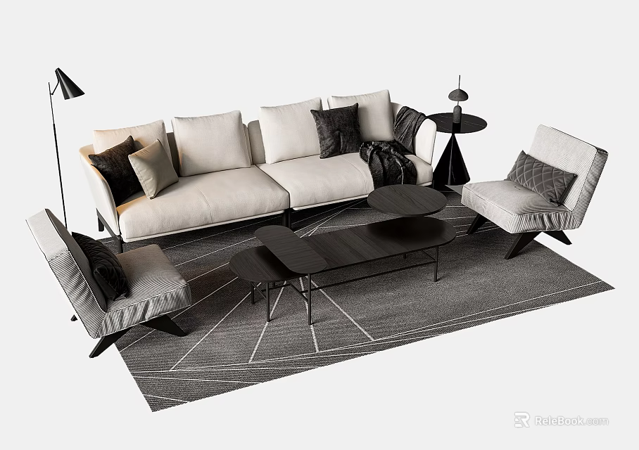 Modern Sofa And Coffee Table Set With Accent Chairs Throw Pillows And Floor Lamp 3d model